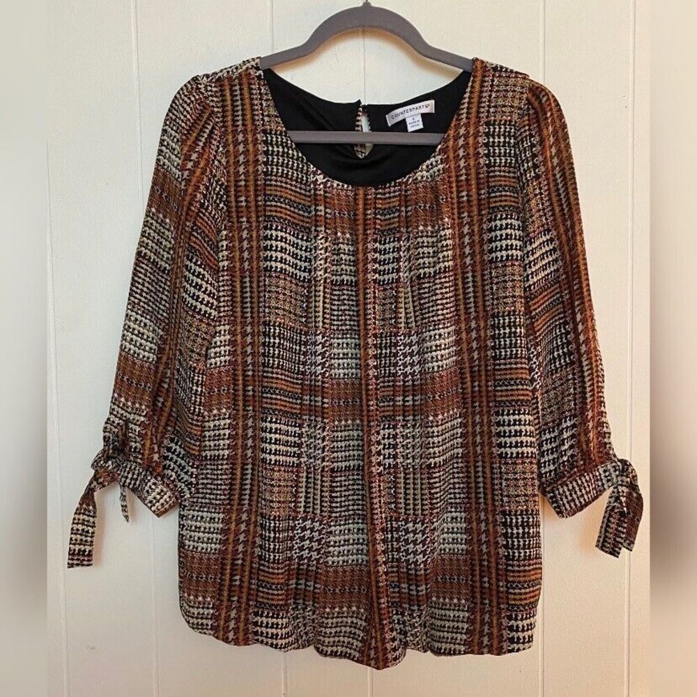 Counterparts Blouse Women’s Small Brown Black Plaid Bows Balloon Bottom Cowgirl